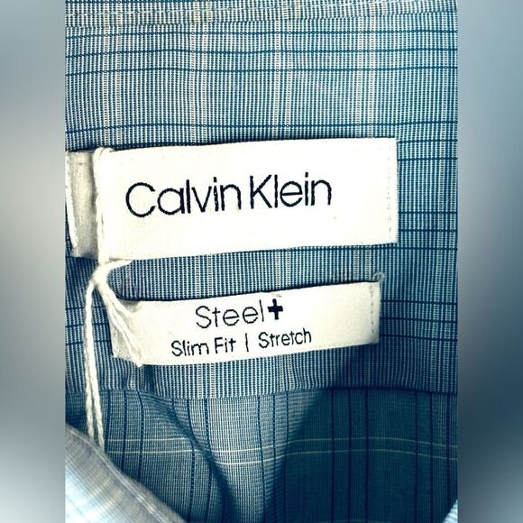 Calvin Klein Men’s Large Steel+ Slim Fit Stretch Blue Stripe Shirt • Button Up - Picture 7 of 8